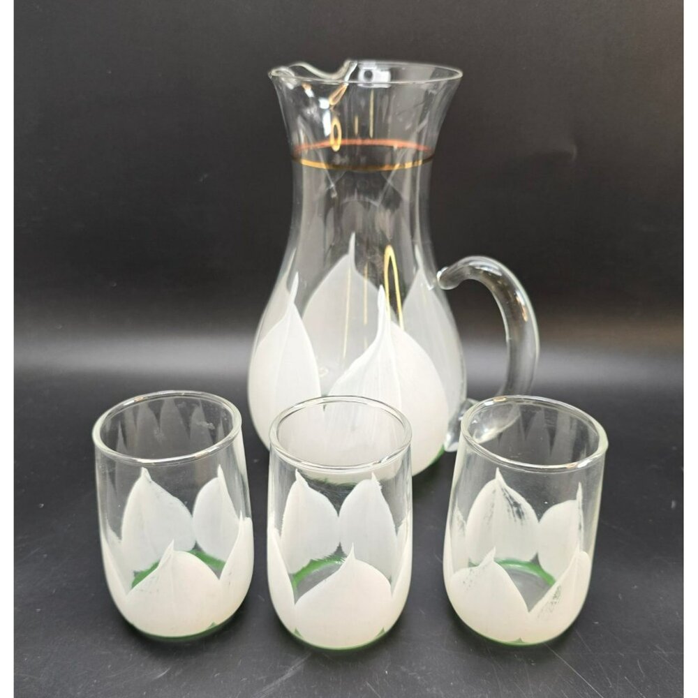 Vintage Tulip Glasses and Pitcher Hand-Painted White Floral Lotus Style VL4053